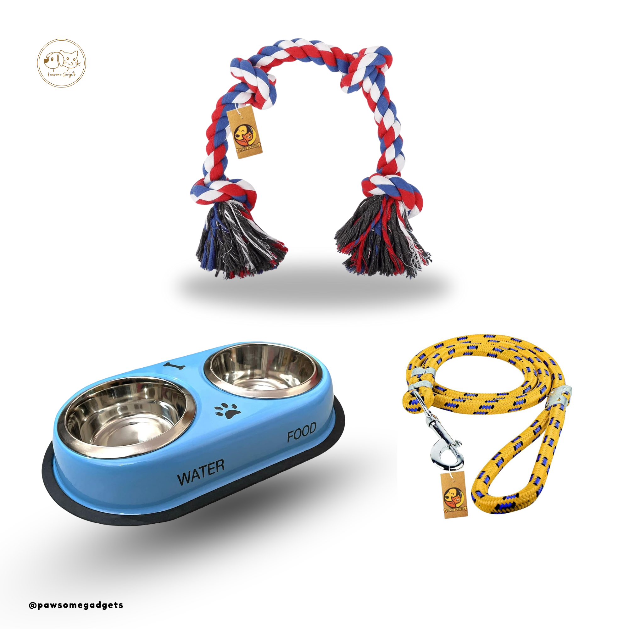 Dog Combo – Stainless Steel Bowl, Leash & Rope Toy Set - 12mm- For Medium Sized Dogs